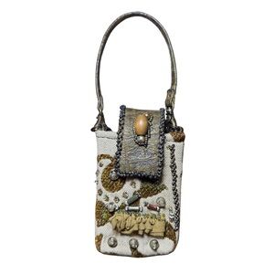 Mary Frances Wristlet Bag Cream and Gold Beaded Tapestry 4.5" X 3"